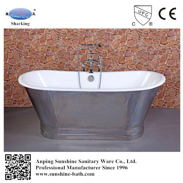 Antique porcelain bath tub with stainless steel skirt