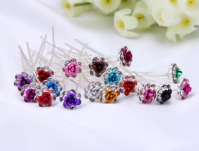 Fashion Silver Plating Color Painting Rose Flower Design Wedding Bridal Hairpin