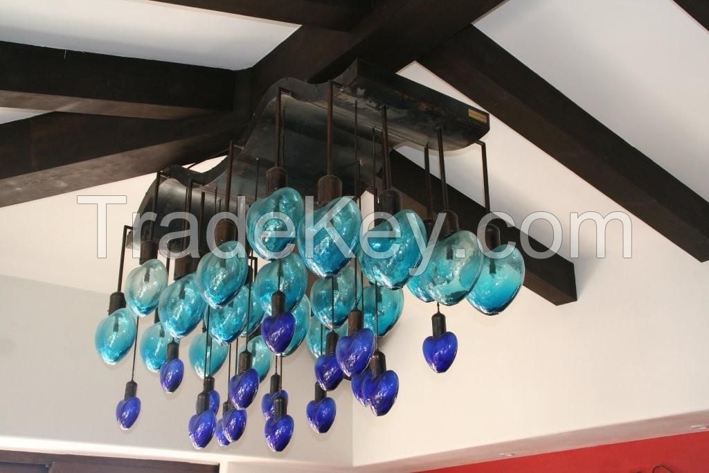 Wrought Iron &amp; Blown Glass Chandelier