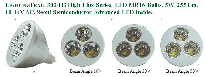 LIGHTINGTRAIL 303-H3 High Flux Series, LED MR16 Bulb, 5 W, 255 Lm, 10-