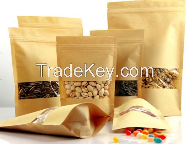 stand up zipper kraft paper pouch with window for food