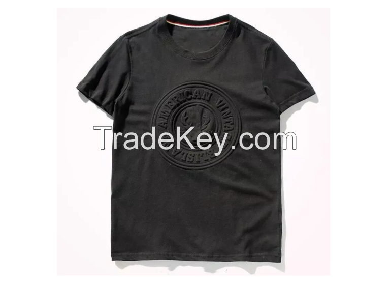Custom Trendy logo t shirts printing custom cotton t shirts men 3d embossed t-shirts Black