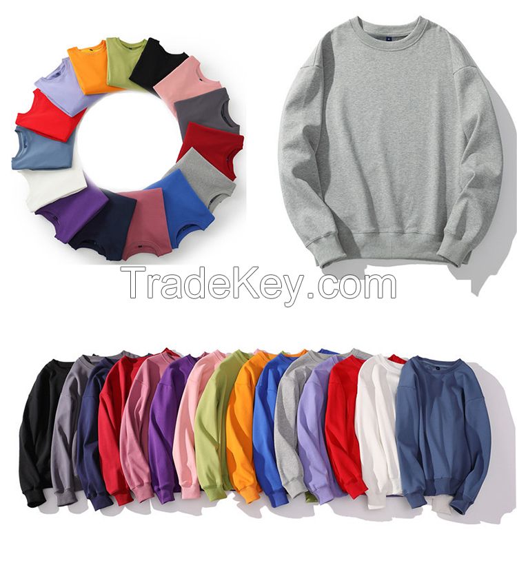 Wholesale Plain Hoodies Sweatshirt Custom 100% Cotton Fleece Loose Fit Crewneck Unisex Sweatshirt Couple Sweatshirts with O-neck
