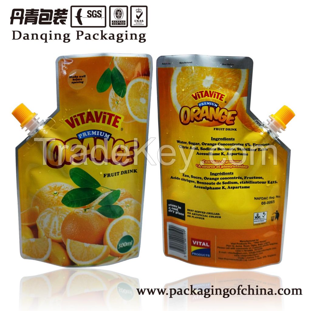Chaoan Orange Packaging Juice Bag, Stand Up Pouch with Spout at corner D006