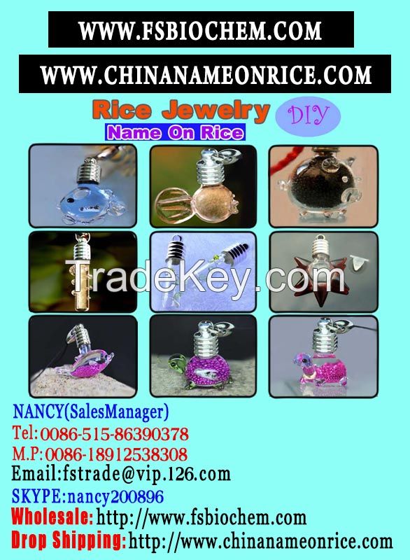 Rice Jewelry, wishing bottle, name on rice glass vials pendants