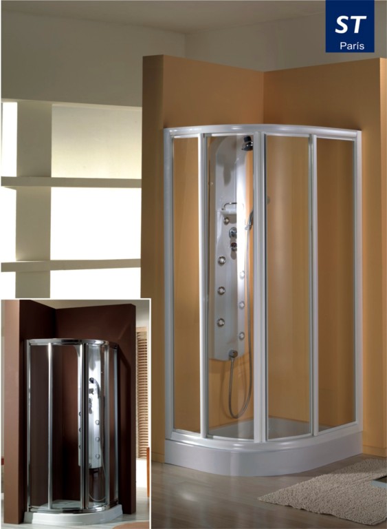 Semicircl glass shower room with two sliding doors and two fixed doors