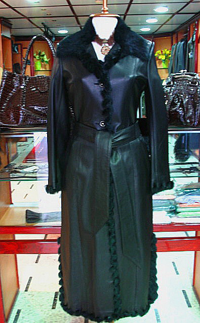 Black Leather Coat with Rabbit Fur Collar