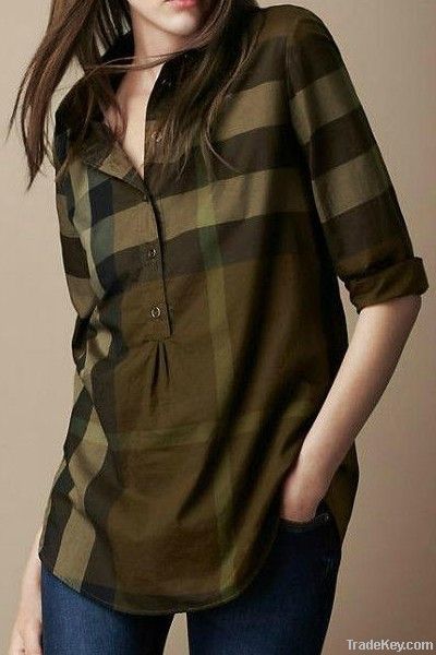 Women Red black Plaid Blouse, Lady Casual Pink shirt