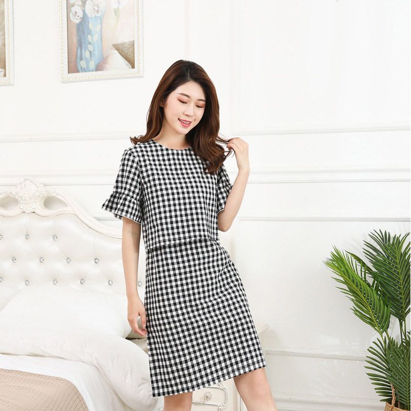 Summer Cotton Shortsleeve Pregnant Women Shirt Dress Breastfeeding Plaid Nursing dresses Pregnancy Clothes Loose Maternity Dress