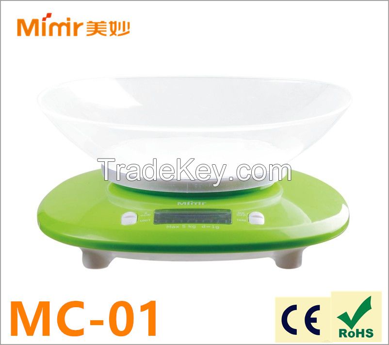 Electronic Kitchen Scale Mimir 2-5000G Green with Bowl 11lb x 0.1oz / 5000 x 1g 