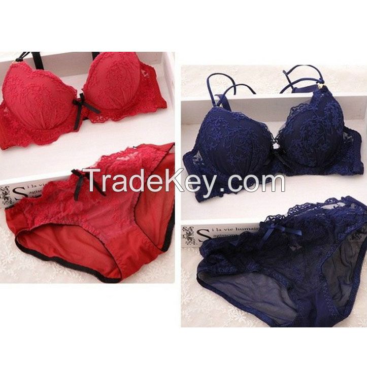 Lady Solid Bra Suit Embroidery Floral Push Up Bra Set / Customized care label & hang tag for small order are welcomed.