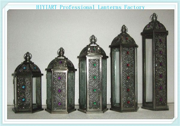 Set of 3 hanging lanterns zinc chromed surface pillar candle holder jewelry lanterns