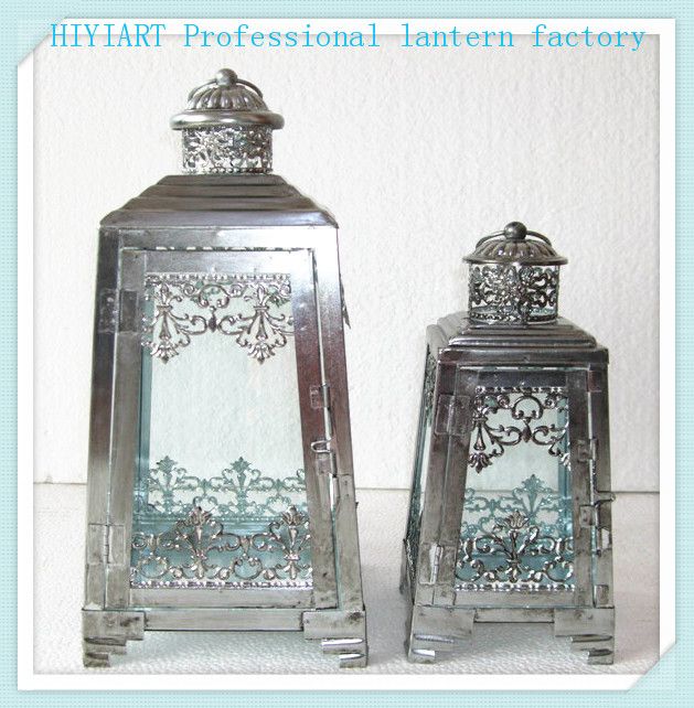 Set of 2 outdoor hanging metal glass lanterns hurricane lanterns candle holder