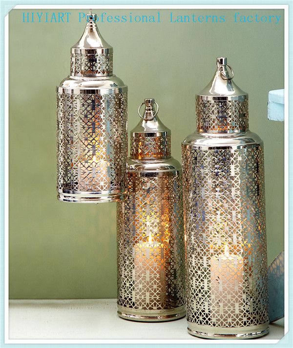 Set of 3 hanging lanterns zinc chromed surface pillar candle holder