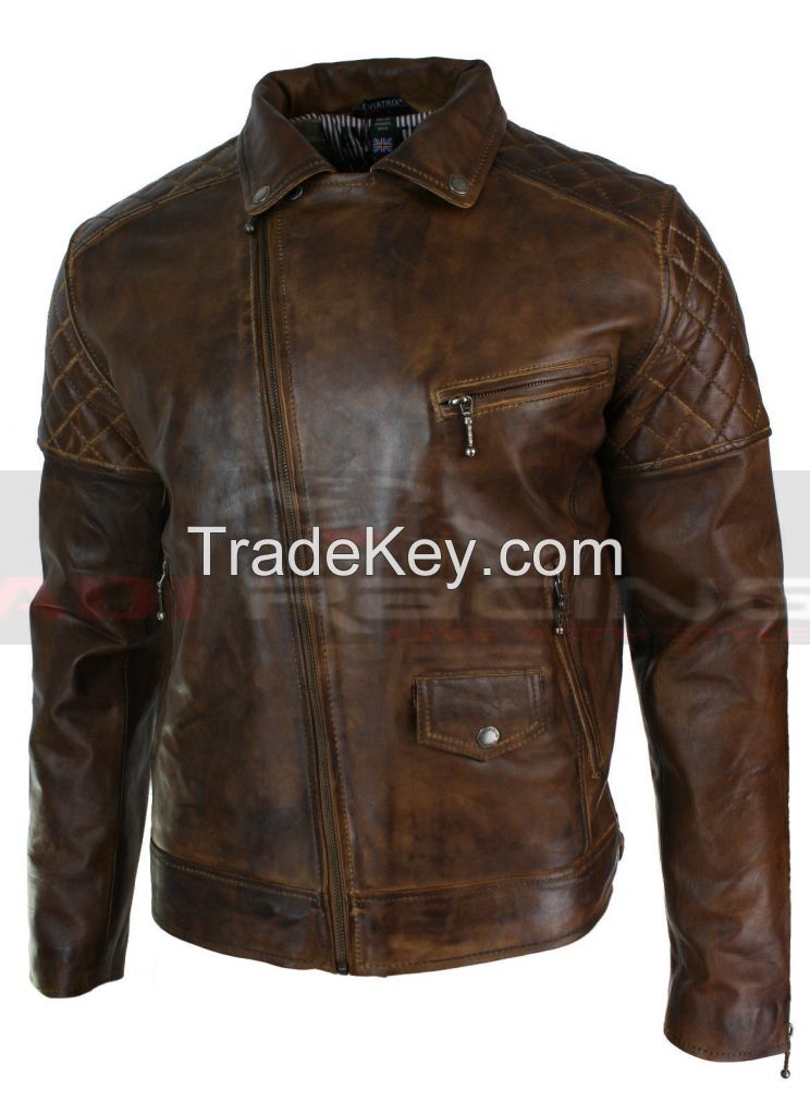 Mens Vintage Distressed Brown Real Leather Biker Jacket Cross Zip Retro All Size