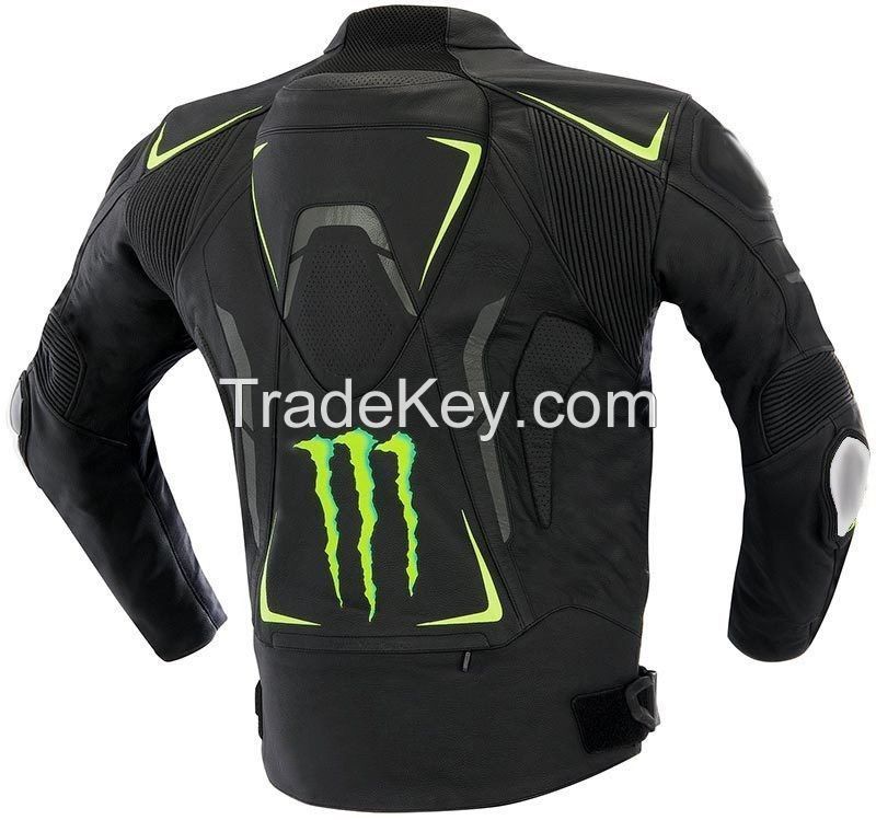 Monster Motorcycle Racing Cow hide Leather Jacket CE Approved Armours All Sizes