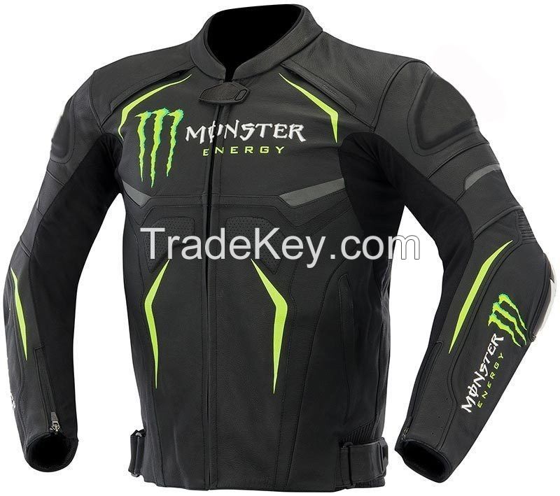 Monster Motorcycle Racing Cow hide Leather Jacket CE Approved Armours All Sizes