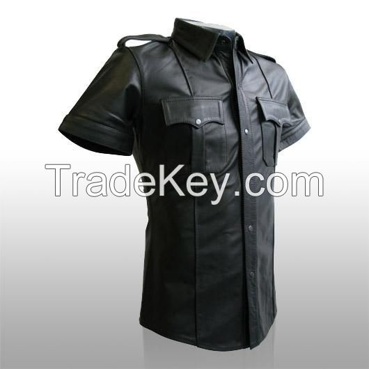 REAL LEATHER Men Black Police Military Style Shirt BLUF GAY All Sizes Available