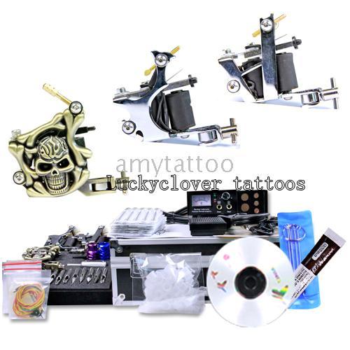 NEW TATTOO KIT 3 GUN MACHINE COMPLETE POWER NEEDLE TIPS CD INK CUP