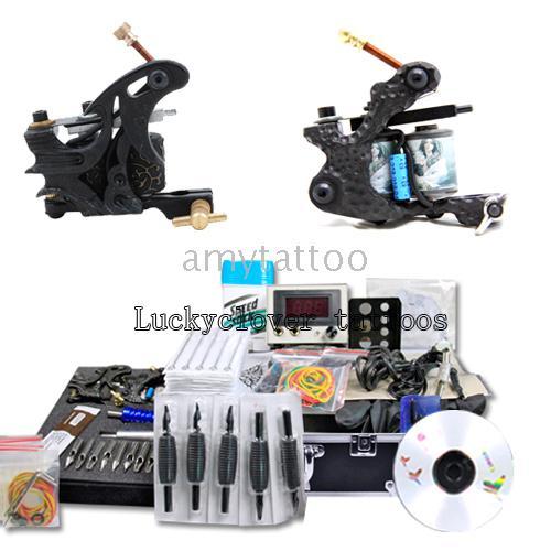 TATTOO KIT 2 GUN MACHINE COMPLETE POWER NEEDLE TIPS CD INK CUP