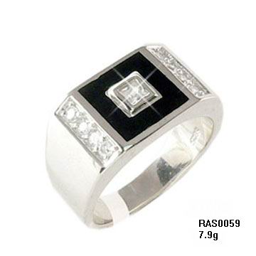 silver ring with black agate & CZ stone