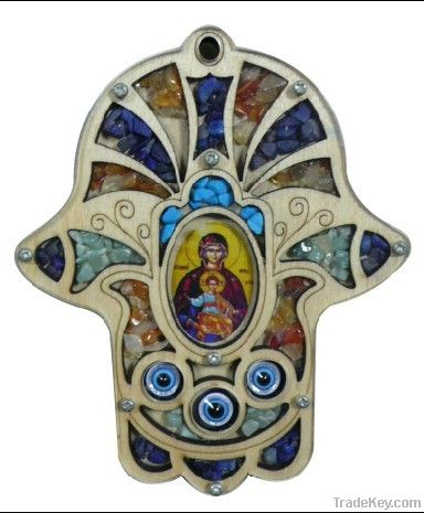 Jerusalem Holy Land Wooden Chamsa with Gemstones