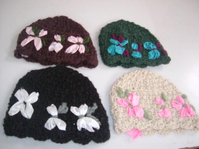 satin flower hand knit hat