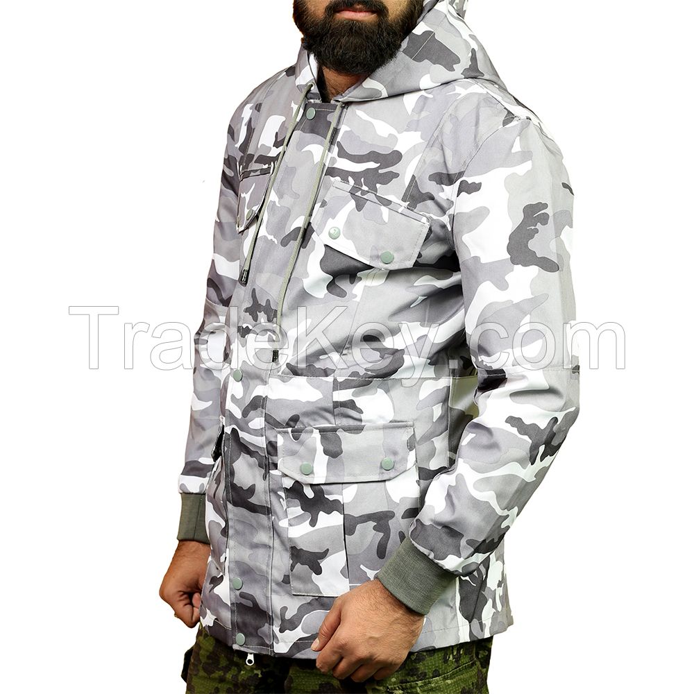 Hot Custom Heavy Windbreaker Winter Jacket with Camouflage arms, multi pocket with hood