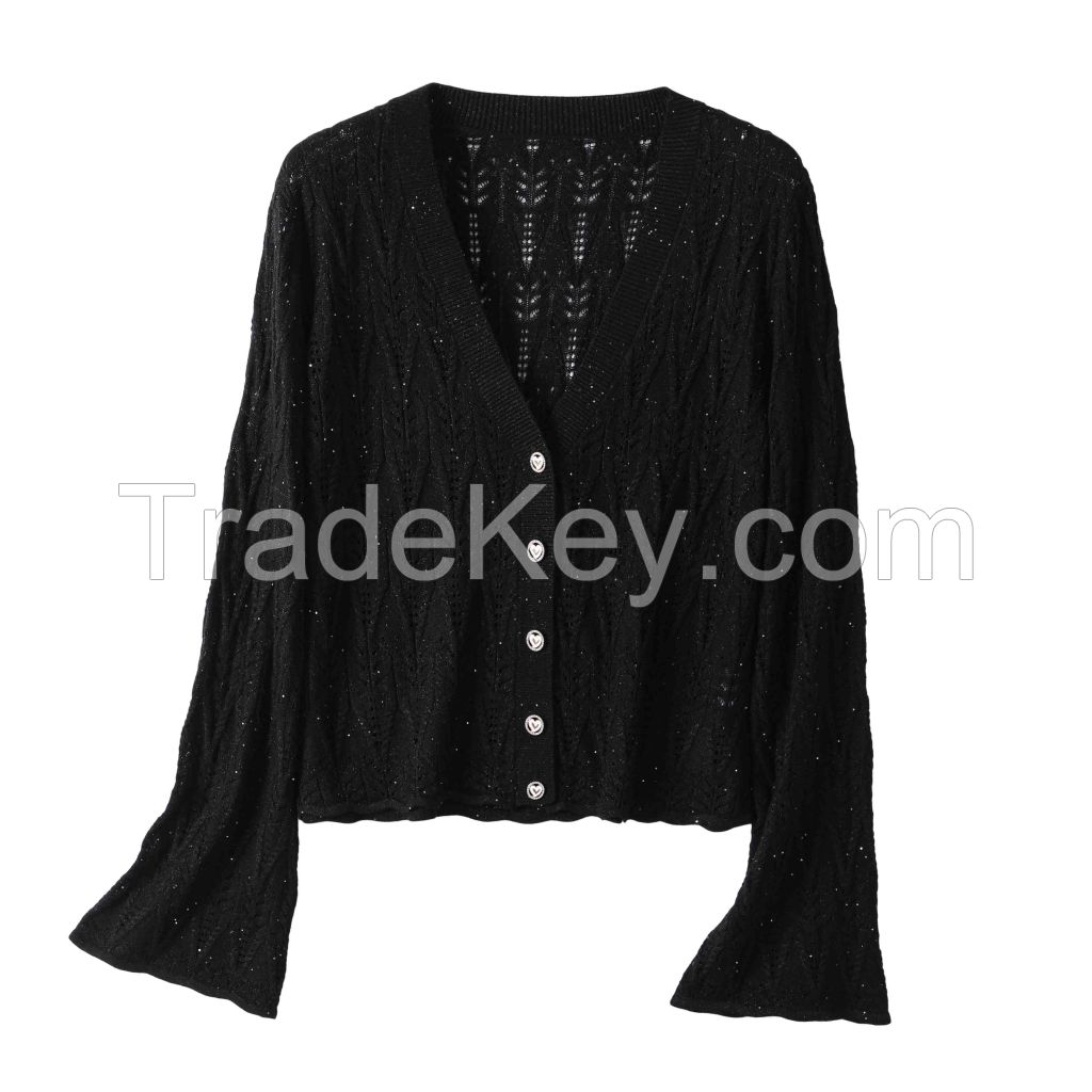2026 Lady's Woollen Sweater Open-necked sweater with a hollowed-out design