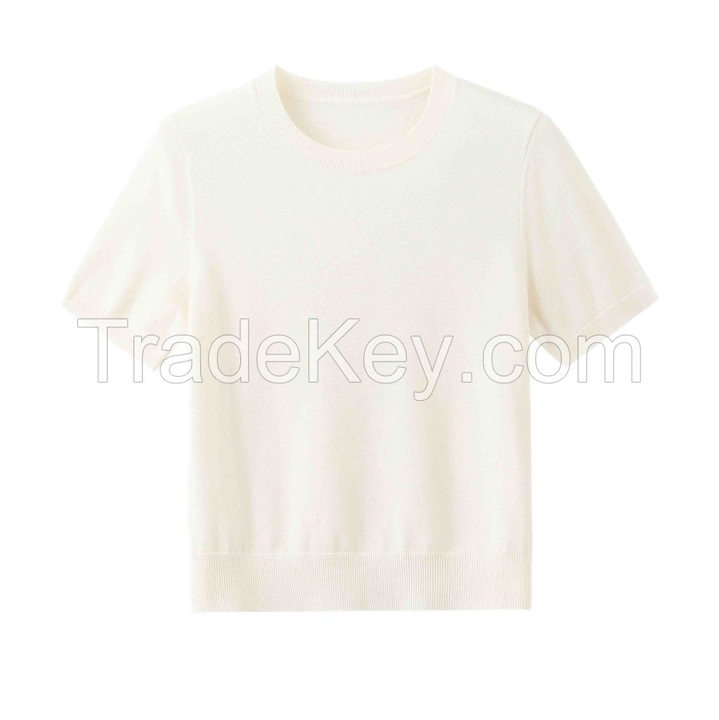 2026 Lady's Woollen T-shirt  Round neck Pullover Solid color