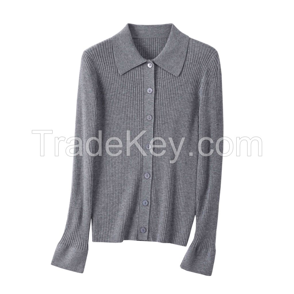 2026 Lady's Shirt Knit Button-up Cardigan Solid color