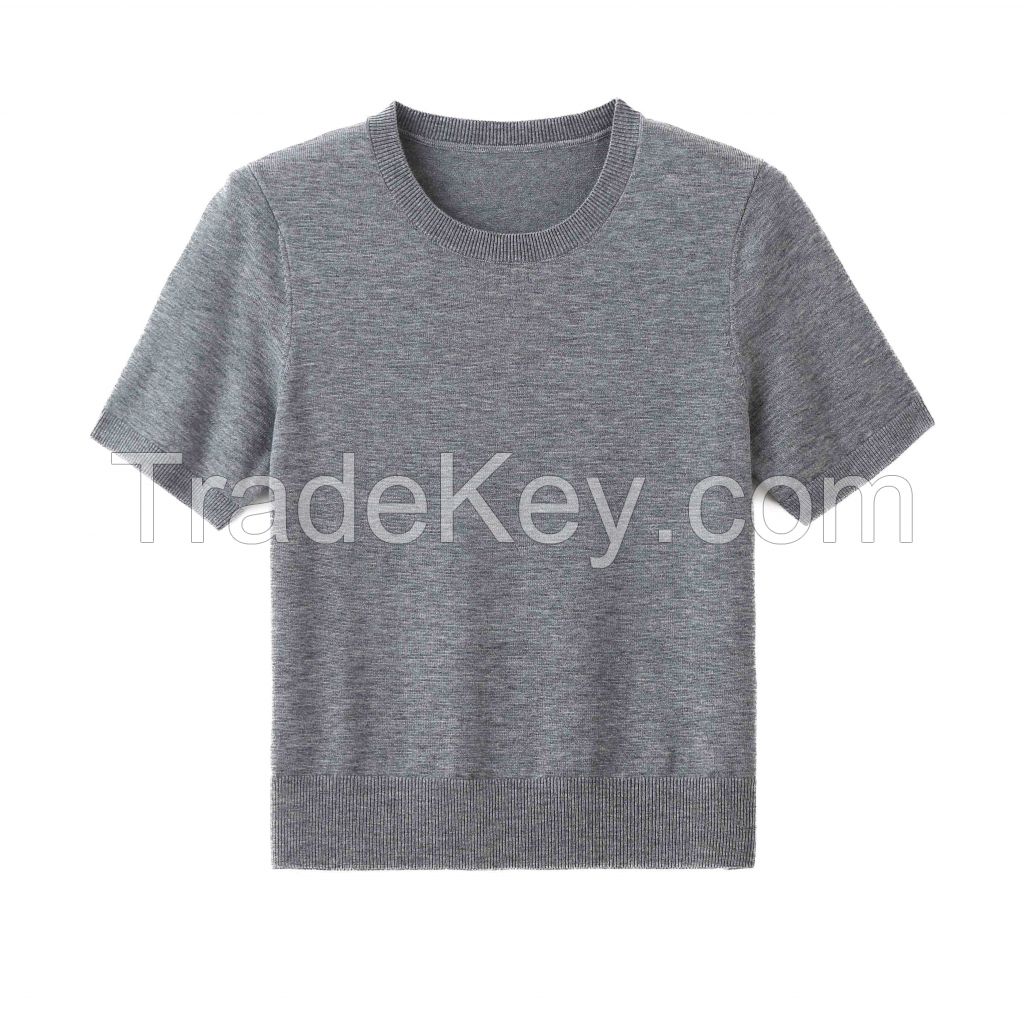 2026 Lady's Woollen T-shirt  Round neck Pullover Solid color