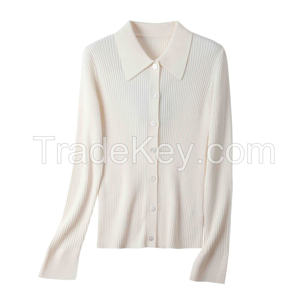 2026 Lady's Shirt Knit Button-up Cardigan Solid color