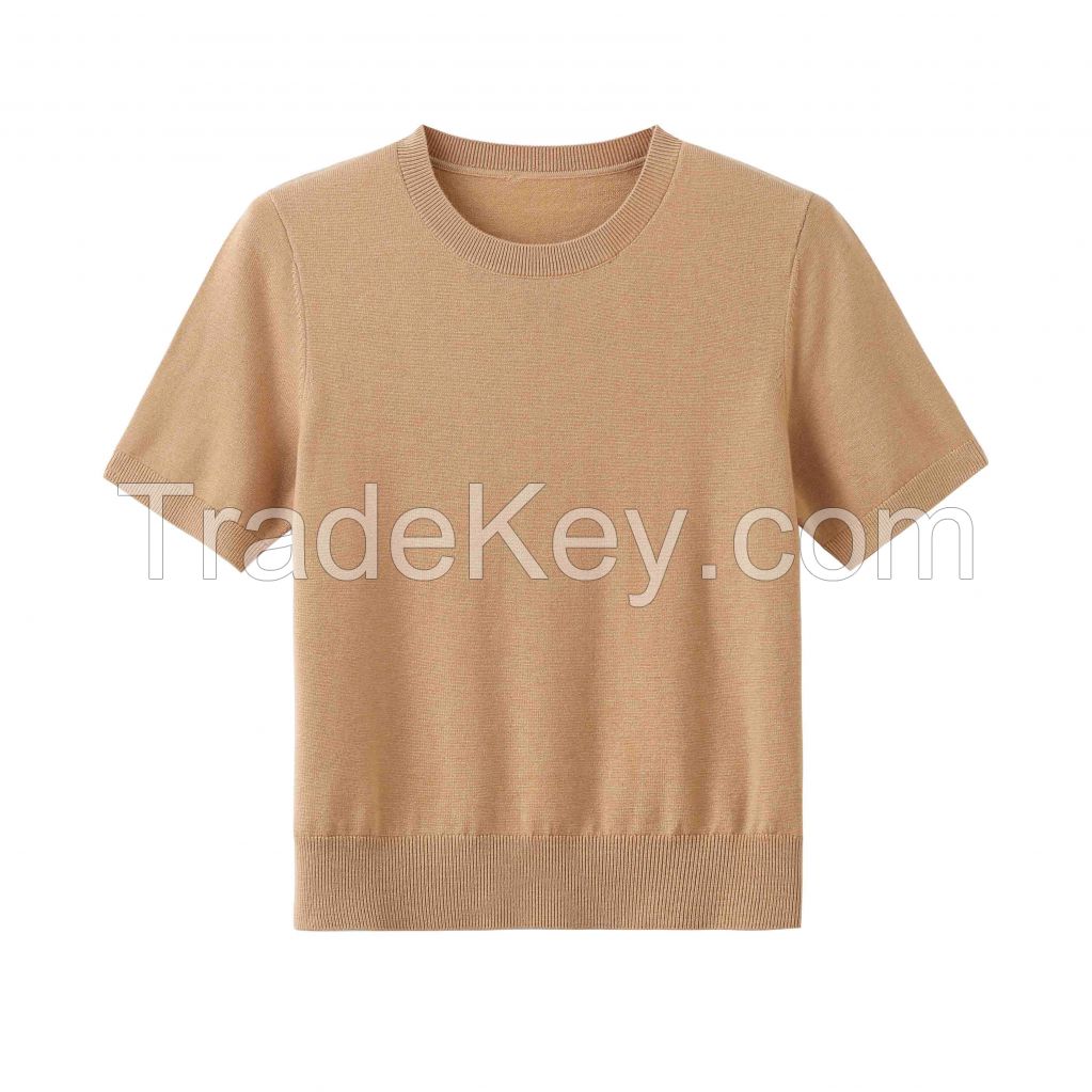 2026 Lady's Woollen T-shirt  Round neck Pullover Solid color