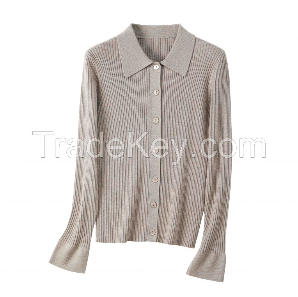 2026 Lady's Shirt Knit Button-up Cardigan Solid color