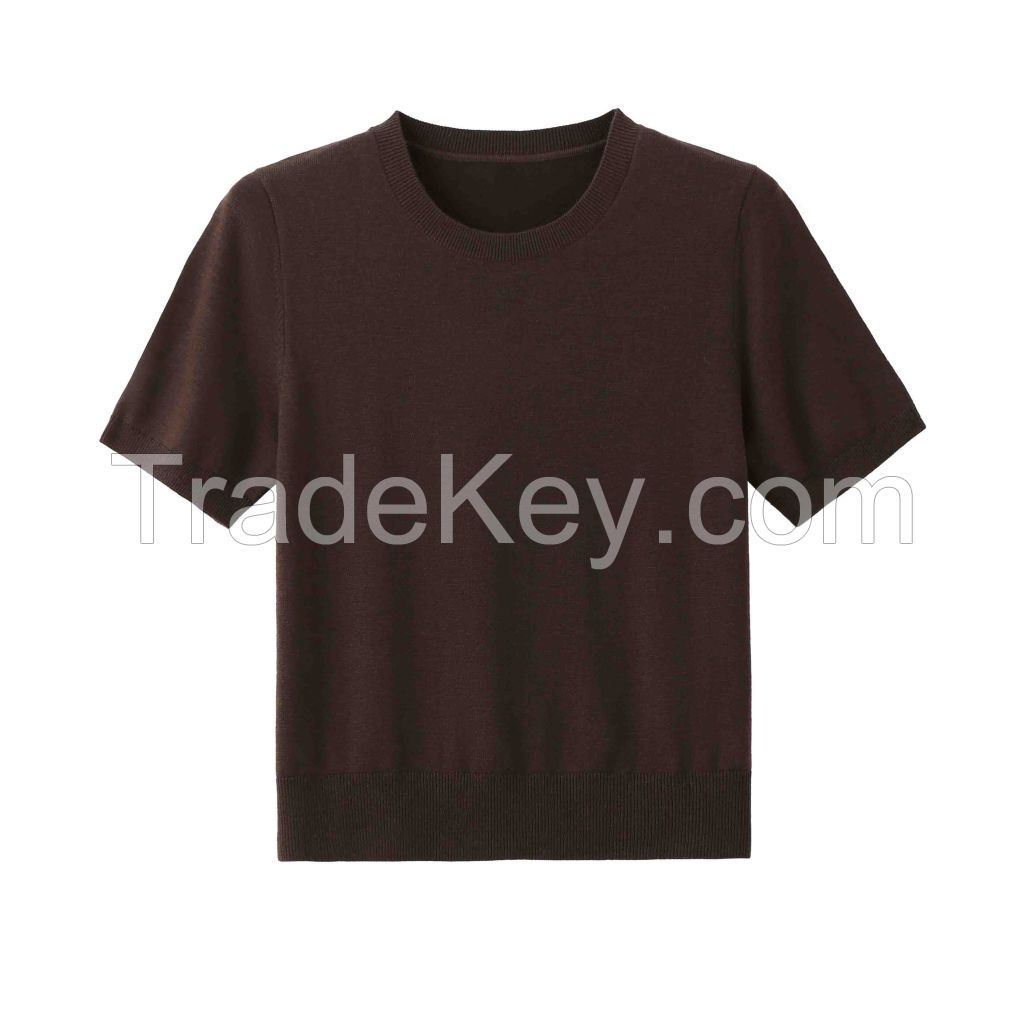 2026 Lady's Woollen T-shirt  Round neck Pullover Solid color