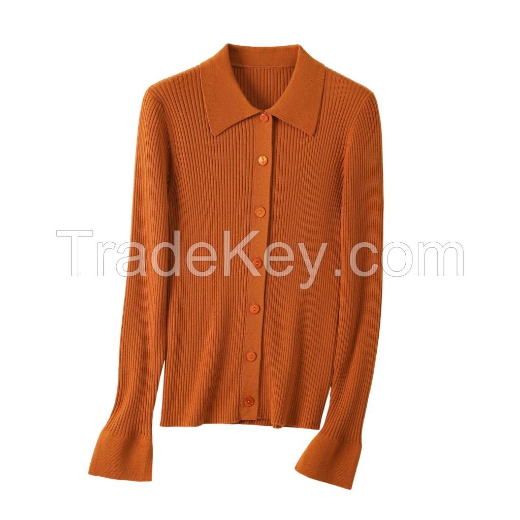 2026 Lady's Shirt Knit Button-up Cardigan Solid color