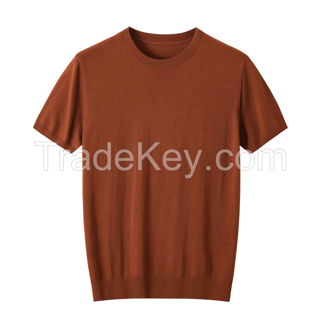 2026 Men's Woollen T-Shirt Solid Color Crewneck Short-sleeved Top