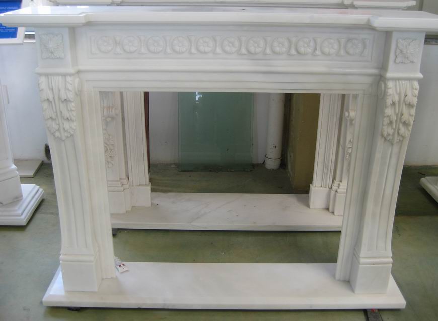 Stone carving and fireplace