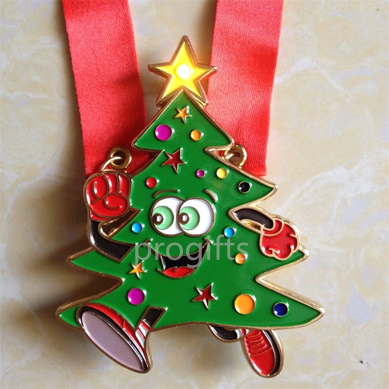 Christmas Tree Xmas Tree gold plated colors painted zinc alloy metal medal with ribbbon and LED flashing light