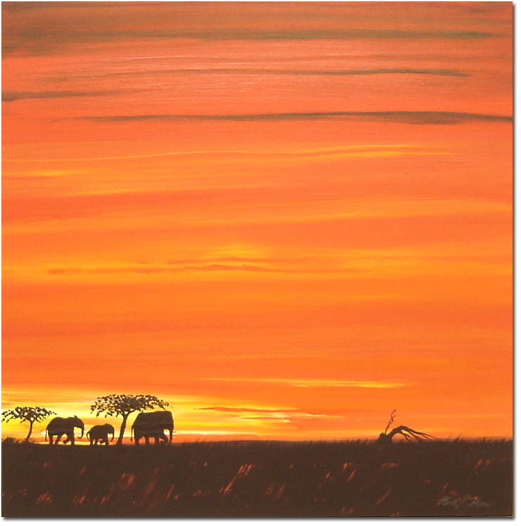 BRITISH FINE ART - Elephants at Dusk, Original Acrylic Painting