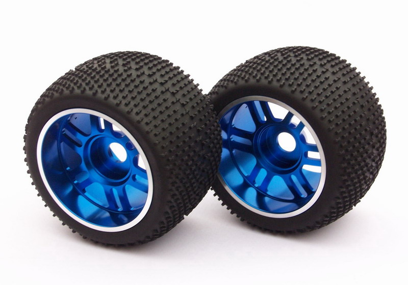 Blue Aluminum 6 Double Spoke Wheels + Small Spike Tires 1 Pair(1/8 Tru