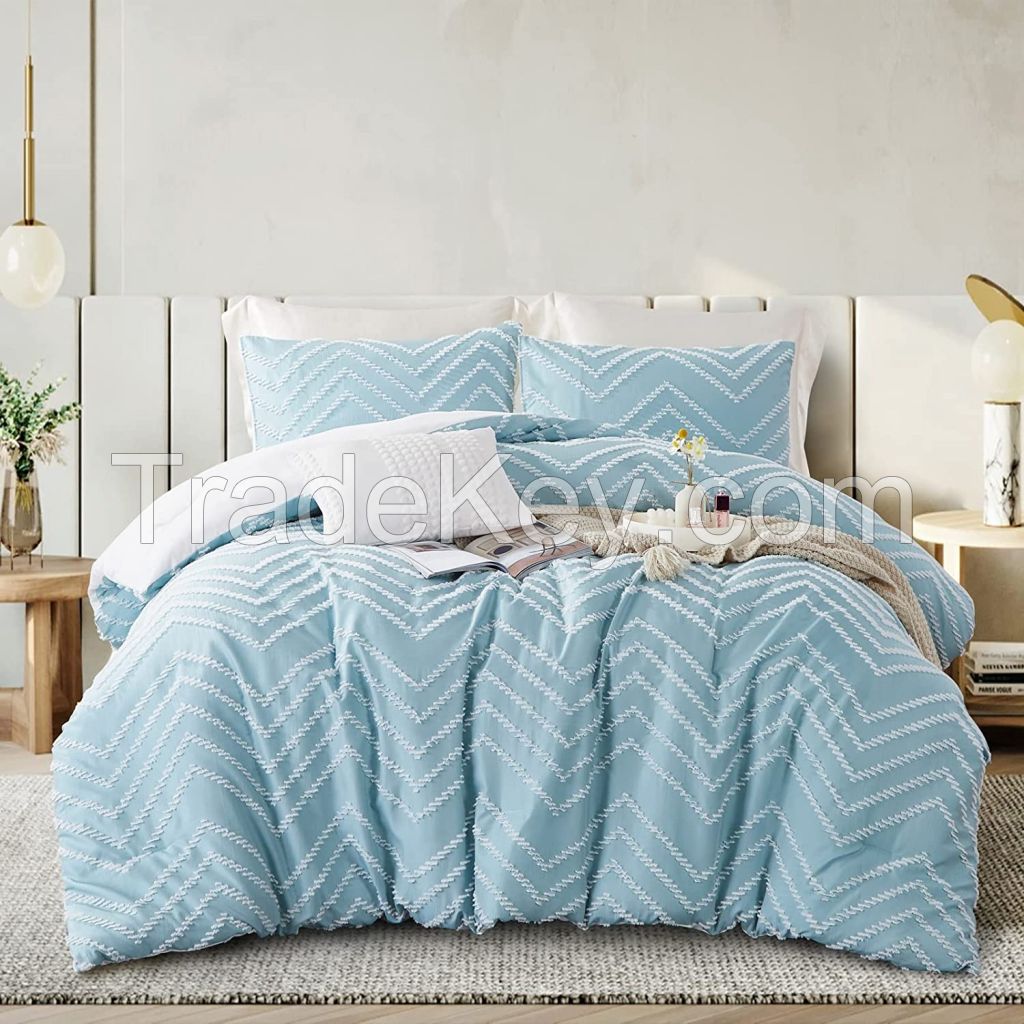 STUAA Blue Comforter Boho Reversible White Striped Tufted Farmhouse Comforter Sets