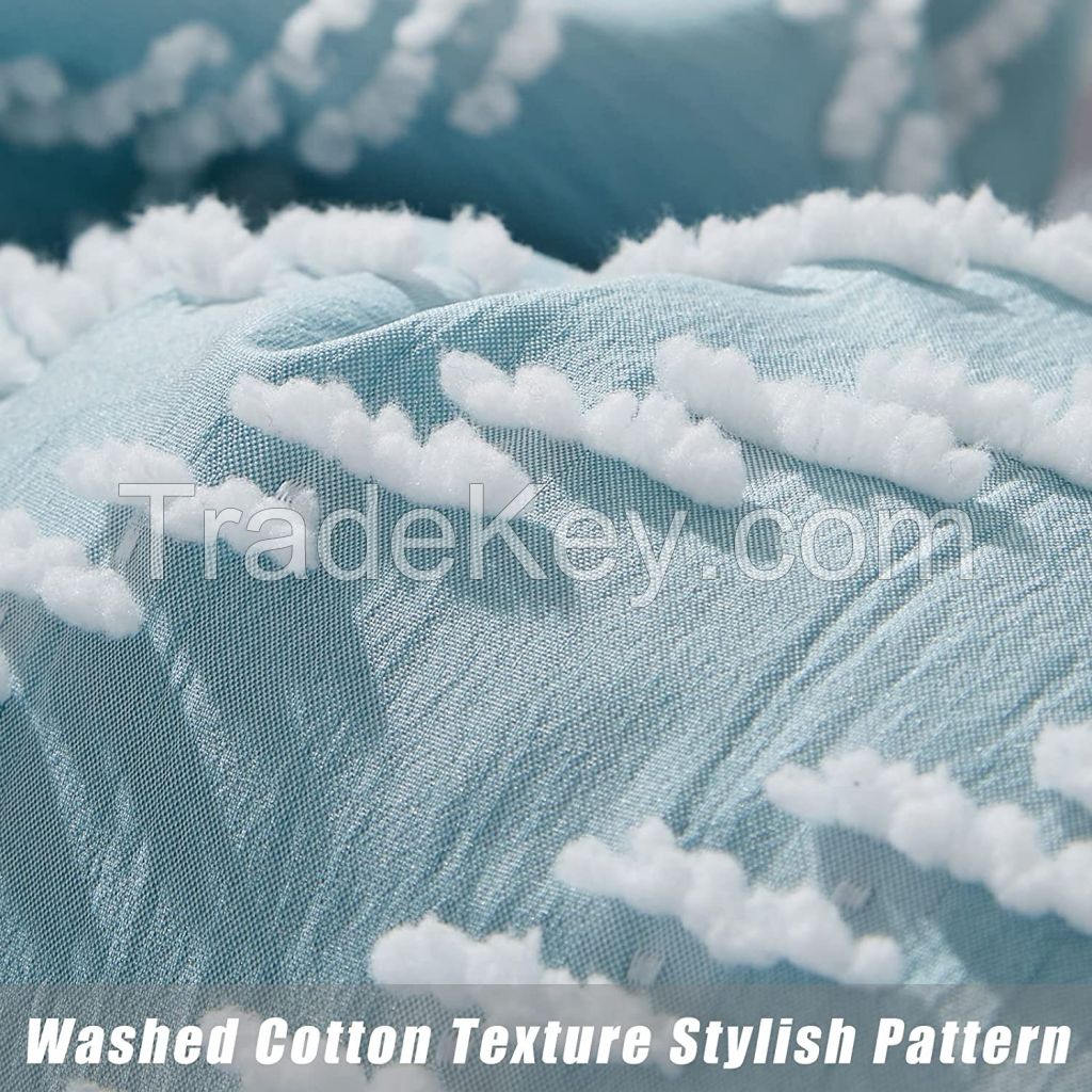 STUAA Blue Comforter Boho Reversible White Striped Tufted Farmhouse Comforter Sets