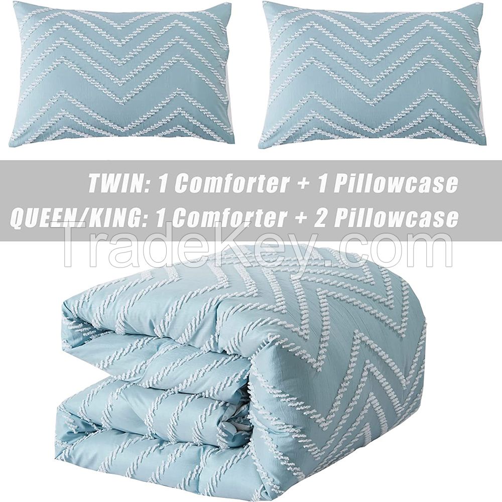 STUAA Blue Comforter Boho Reversible White Striped Tufted Farmhouse Comforter Sets