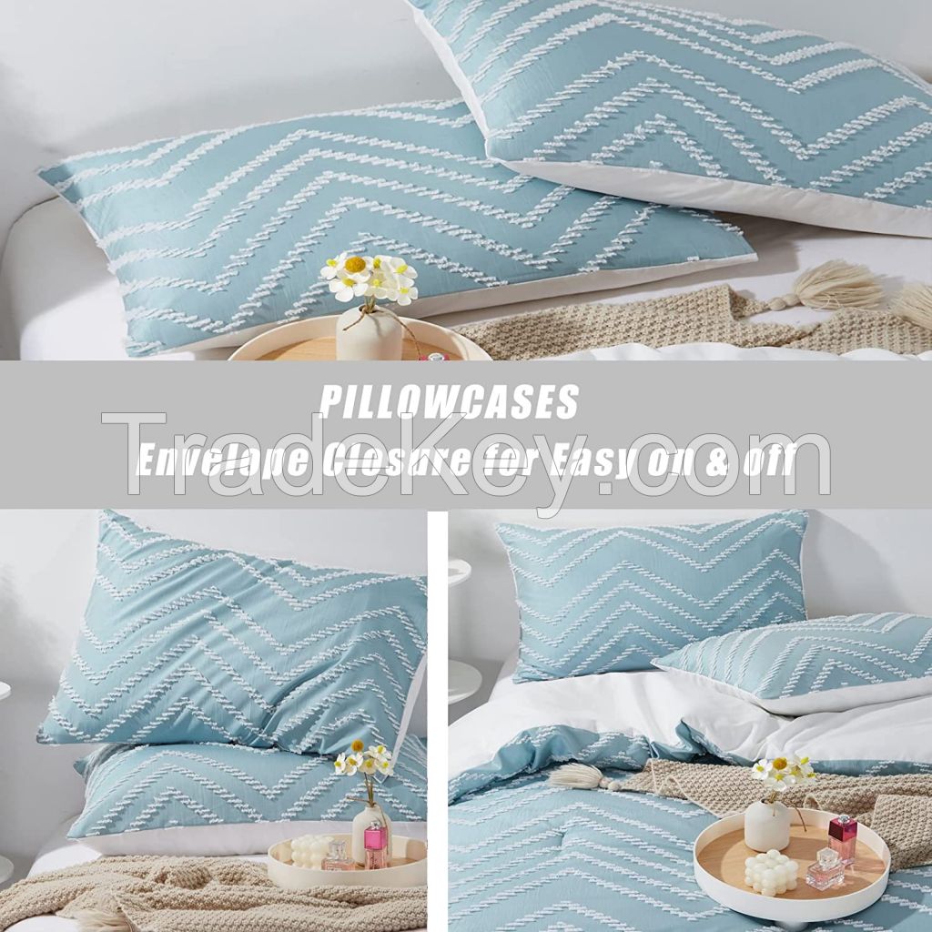 STUAA Blue Comforter Boho Reversible White Striped Tufted Farmhouse Comforter Sets