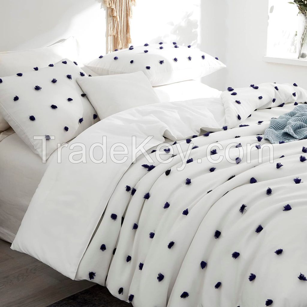 Tufted Reversible Navy Pom Pom All Season Down Alternative Bedding Comforter White&amp;Navy