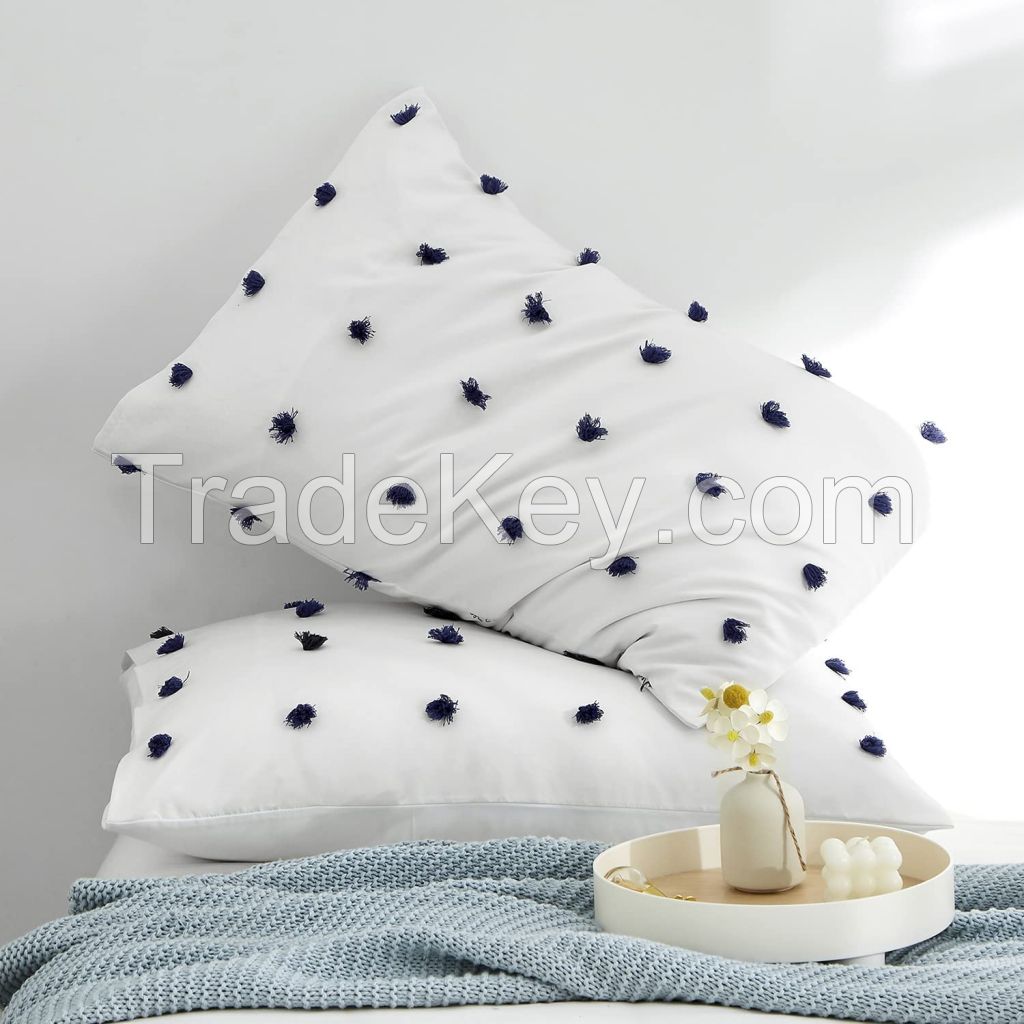 Tufted Reversible Navy Pom Pom All Season Down Alternative Bedding Comforter White&amp;Navy