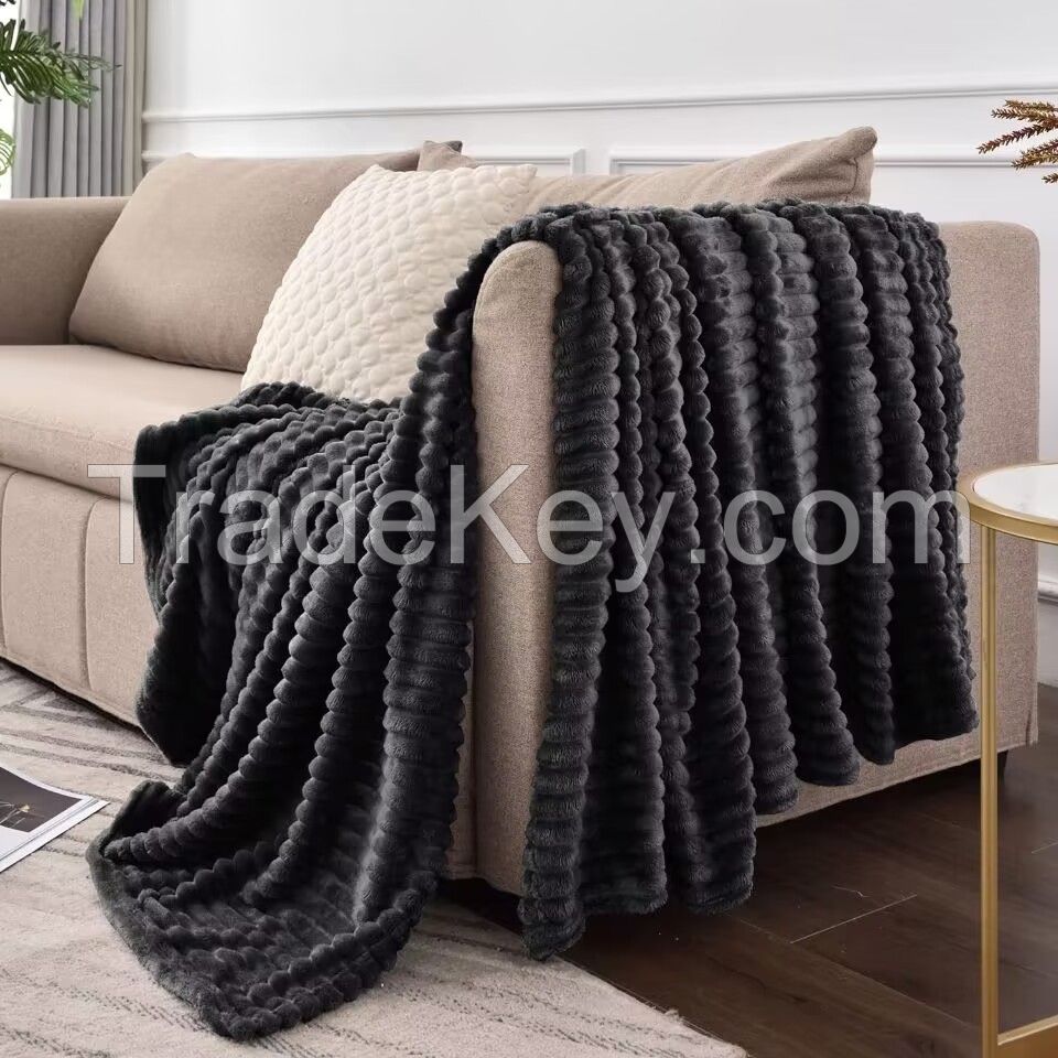280gsm 3D Ribbed Jacquard Decorative Black Throw Blanket for Couch & Bed Lightweight Warm Cozy Soft Fuzzy Blanket All Seasons