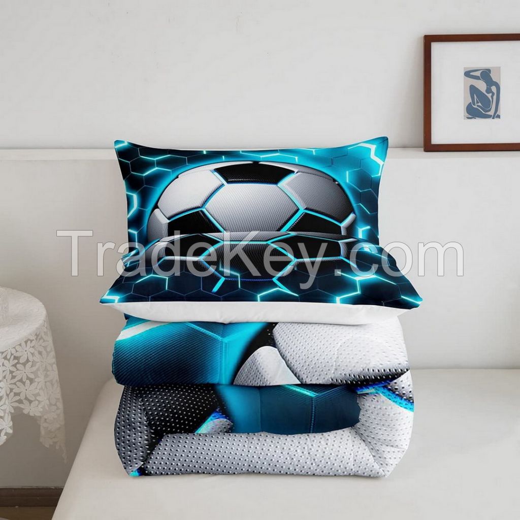 Hot sale winter 100% polyester comforter and pillow case set with digital basketball and football sport printing for boy